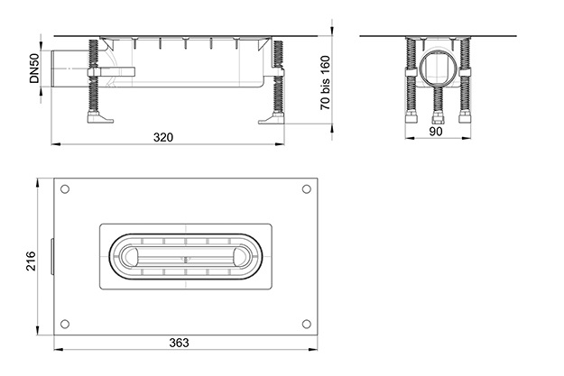 Rigola de dus ACO ShowerDrain S+ - Corp inferior, garda hidraulica cu inaltime de 30 mm - desen tehnic