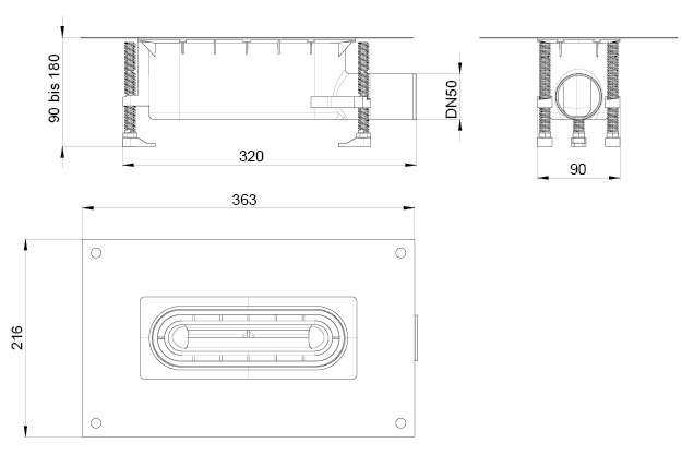 Rigola de dus ACO ShowerDrain S+ - Corp inferior, garda hidraulica cu inaltime de 50 mm - desen tehnic