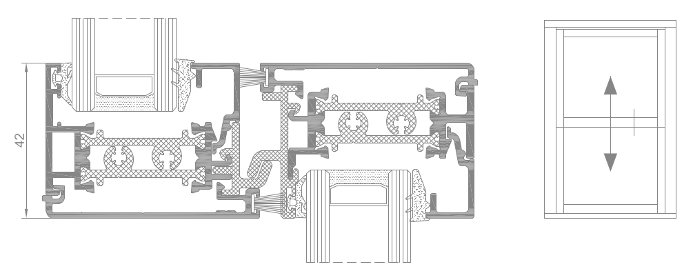 Sistem de fereastra tip ghilotina VS600, cu glisare verticala - VS600 section through the connection sash-sash