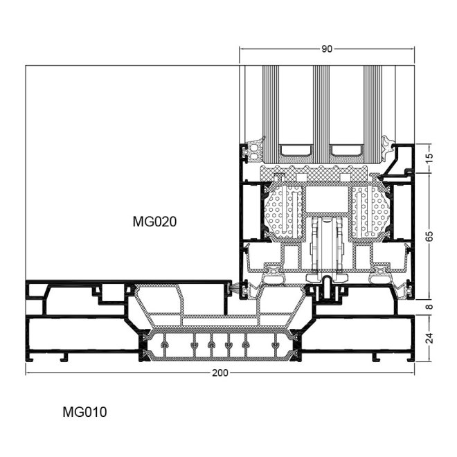 Sistem de usi glisante Inferno - sectiune toc si aripa de-a lungul aripii interioare (MG010 + MG020)