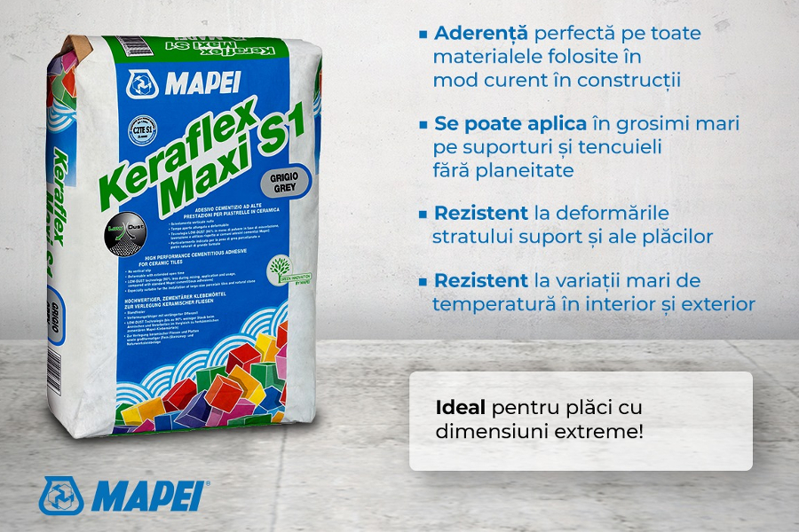 Adeziv flexibil Keraflex Maxi S1 pentru montarea placilor ceramice si din piatra naturala, de mari dimensiuni