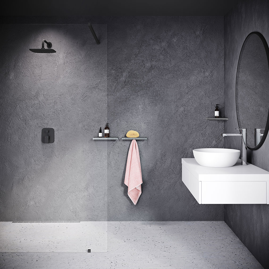 Rafturi negre Slim - Baie RAVAK in alb si negru - Sfaturi + modele pentru o amenajare inspirata Rafturi negre Slim - Baie RAVAK in alb si negru - Sfaturi + modele pentru o amenajare inspirata
