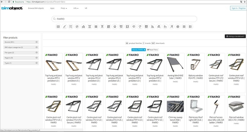 Biblioteci digitale BIM ale produselor FAKRO pe portalul BIMobject.com
