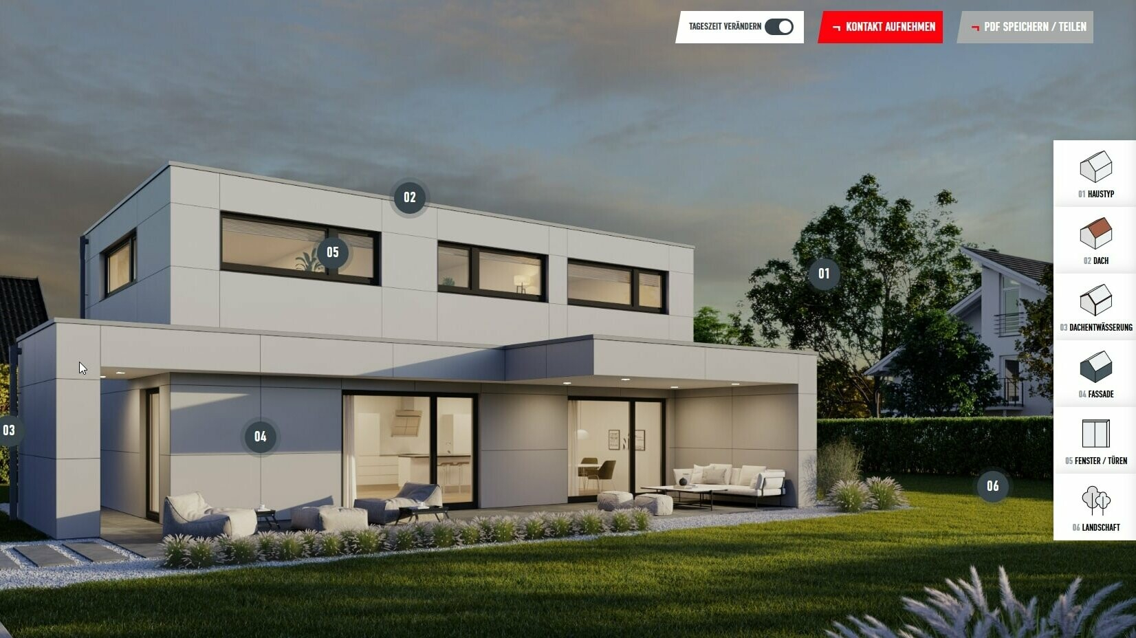 The PREFA configurator for roof and façade - Exemplary configuration detached house with flat roof in evening light