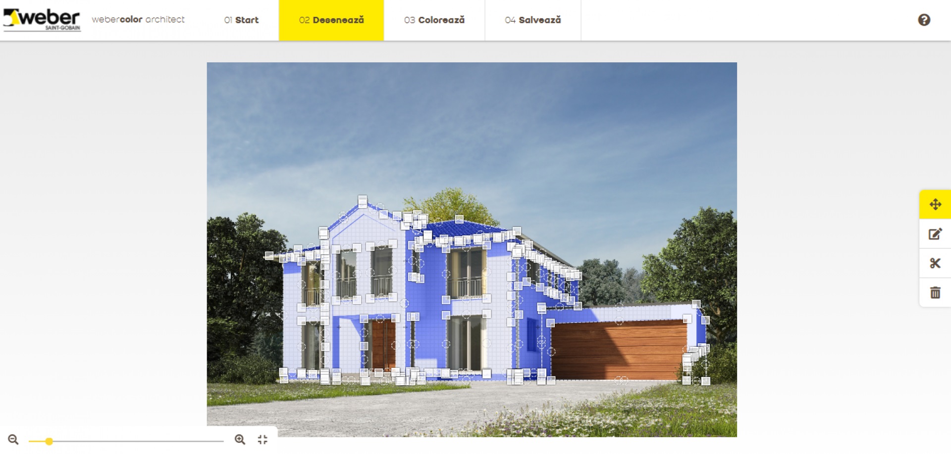 Simulatorul webercolor architect - Pasul 2 - defineste zona pe care doresti sa o colorezi si taie partile ce nu doresti sa fie colorate (ex. fereastra, usa)