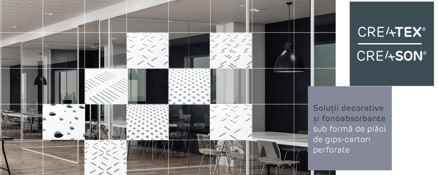 Placi de gips-carton pentru plafoane si pereti cu perforatii continue Createx® si modulare Creason®