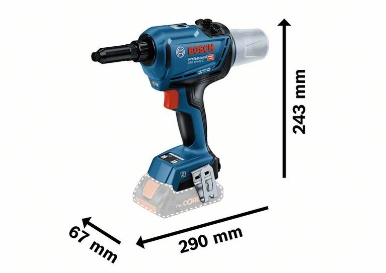 Pistol de nituit Bosch GRG 18V-16 C, cu acumulator - dimensiuni