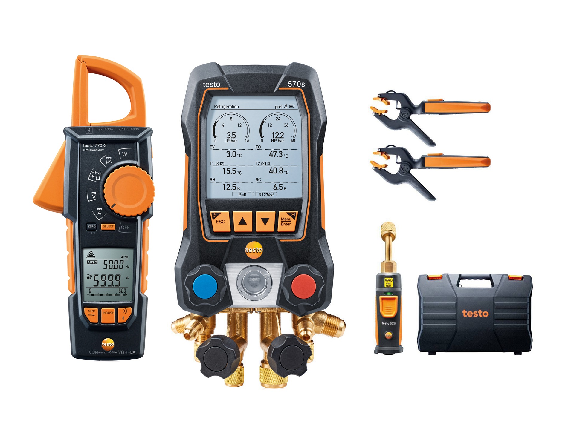 Manifold digital inteligent cu sonde wireless de vacuum si de temperatura tip cleste, plus cleste ampermetric testo 570s (set vacuum cu cleste ampermetric)