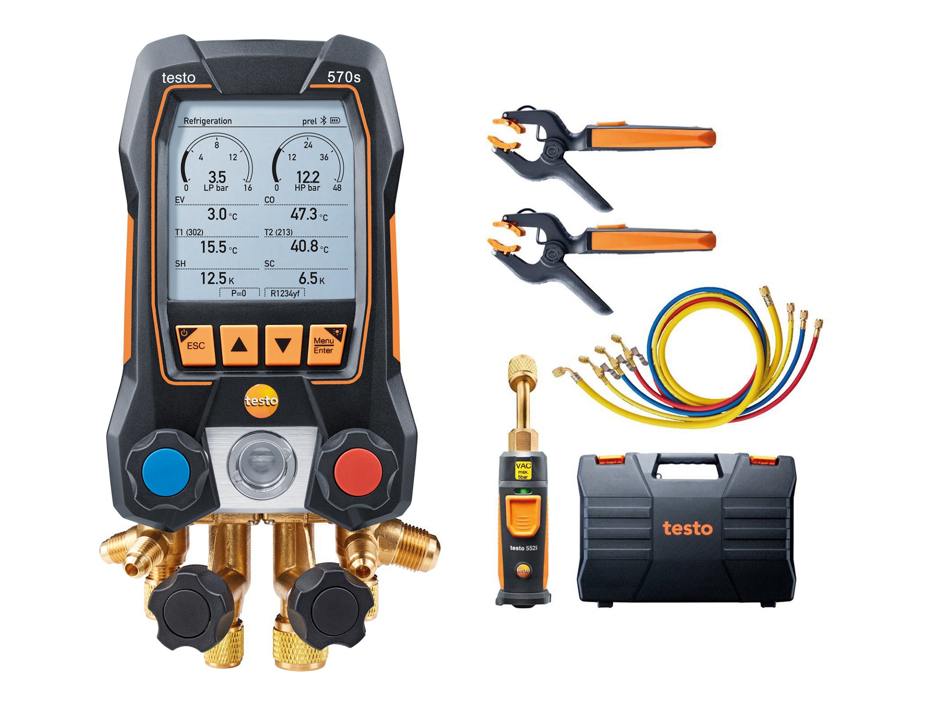 Manifold digital inteligent cu sonde wireless de vacuum si de temperatura tip cleste si set cu 4 furtunuri de umplere testo 570s (set vacuum si set furtunuri)