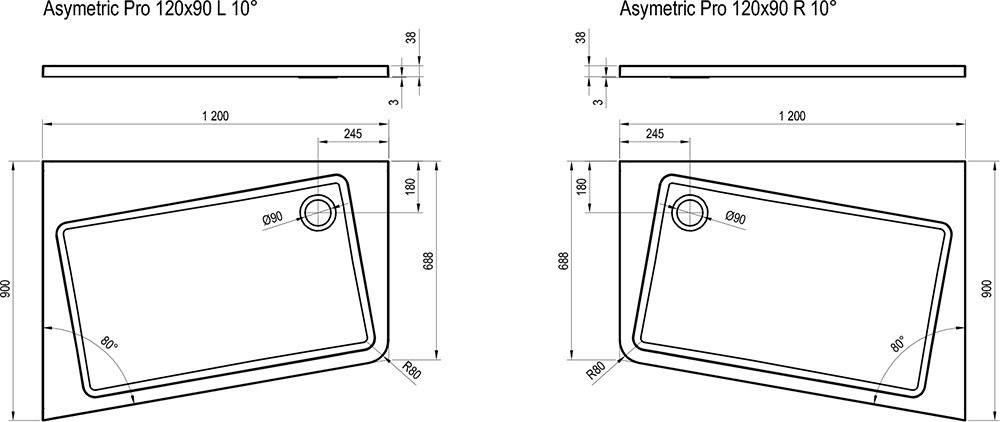 Cadite de dus ASYMETRIC Pro 10° - desen tehnic