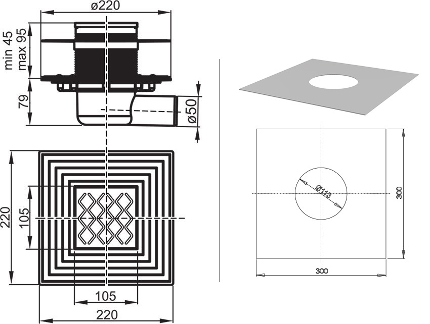 Sifon de pardoseala din plastic RAVAK SN501 cu gratar din otel inoxidabil
