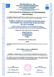 Ancora chimica HYBRID pentru tije filetate si armatura post-instalata Rawlplug R-KER II - Certificat de constatare a performantei - certificat