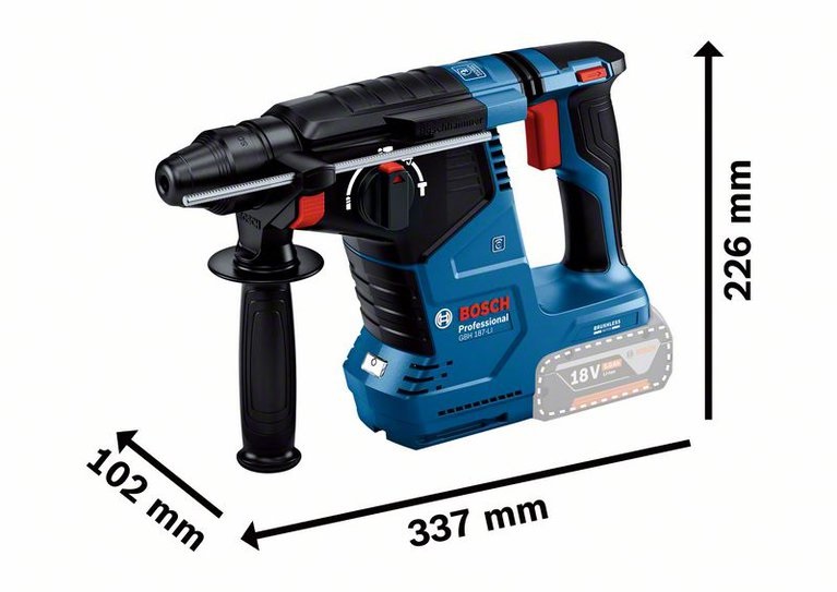 Ciocanul rotopercutor cu acumulator Bosch GBH 187-LI Professional cu SDS Plus - dimensini