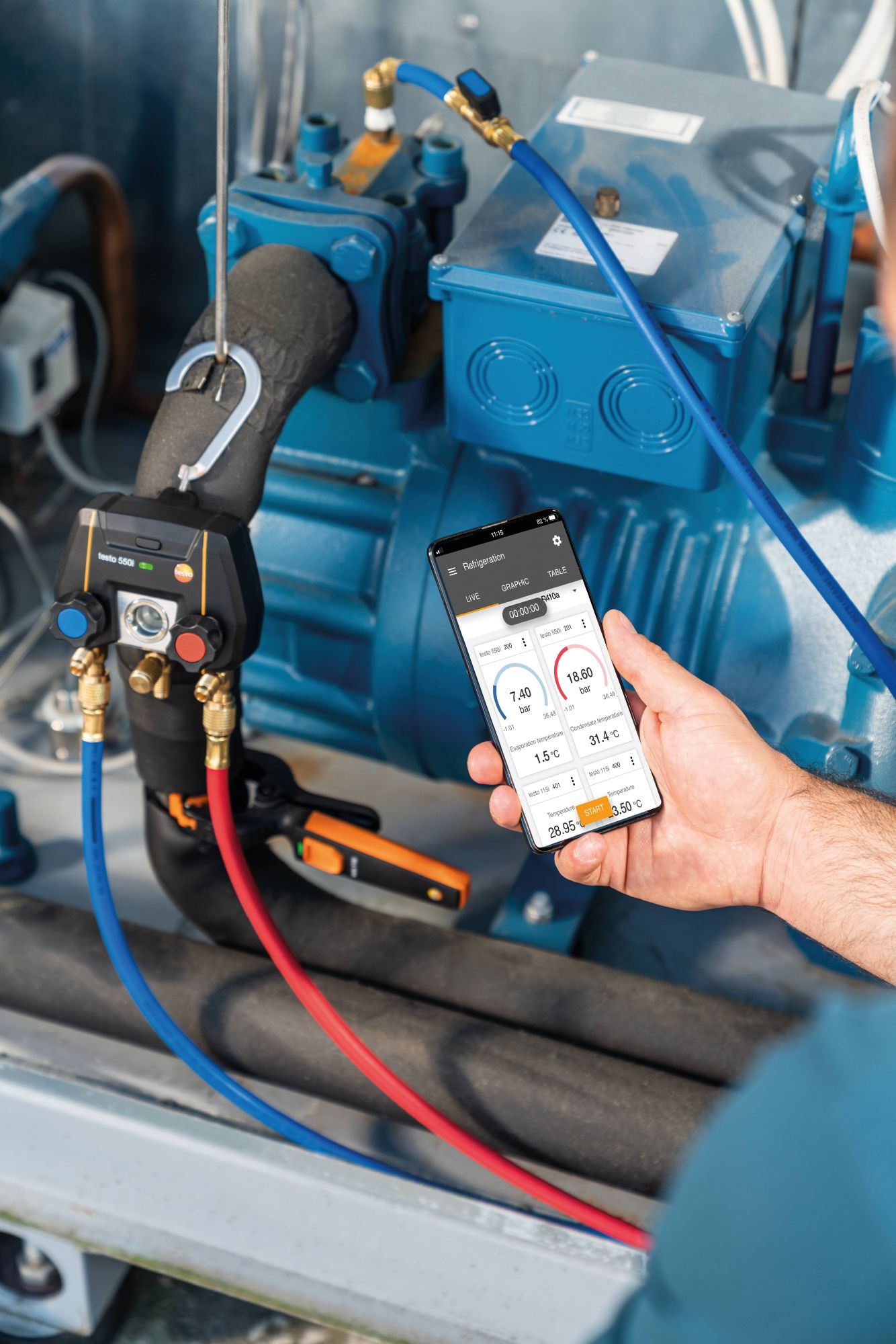 Manifold digital controlat prin aplicatie cu sonde de temperatura fara fir (NTC) testo 550i Set Smart