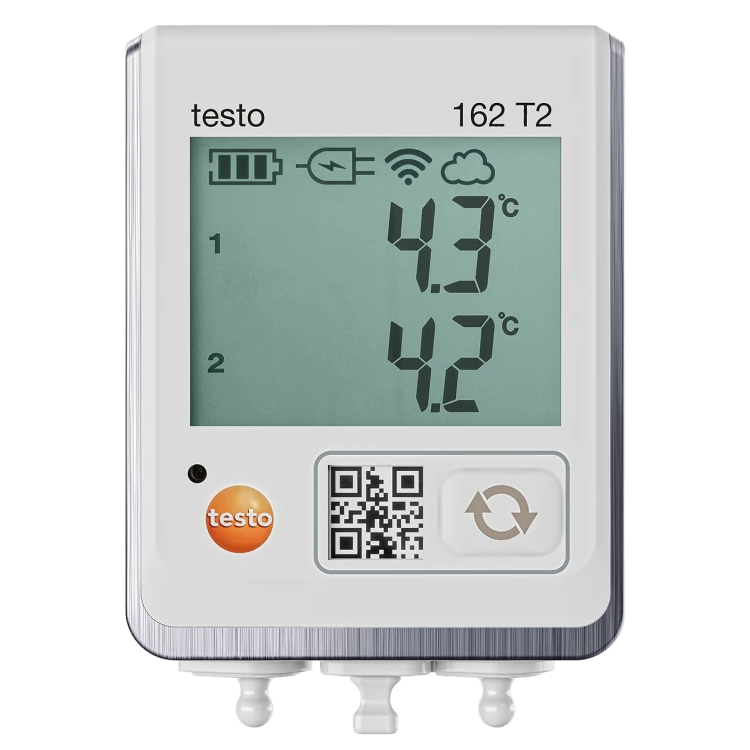 Inregistrator online de date cu afisaj si doua conexiuni pentru sonde de temperatura NTC testo 162 T2
