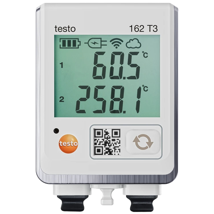 Inregistrator online de date cu afisaj si doua conexiuni pentru sonde de temperatura TC testo 162 T3