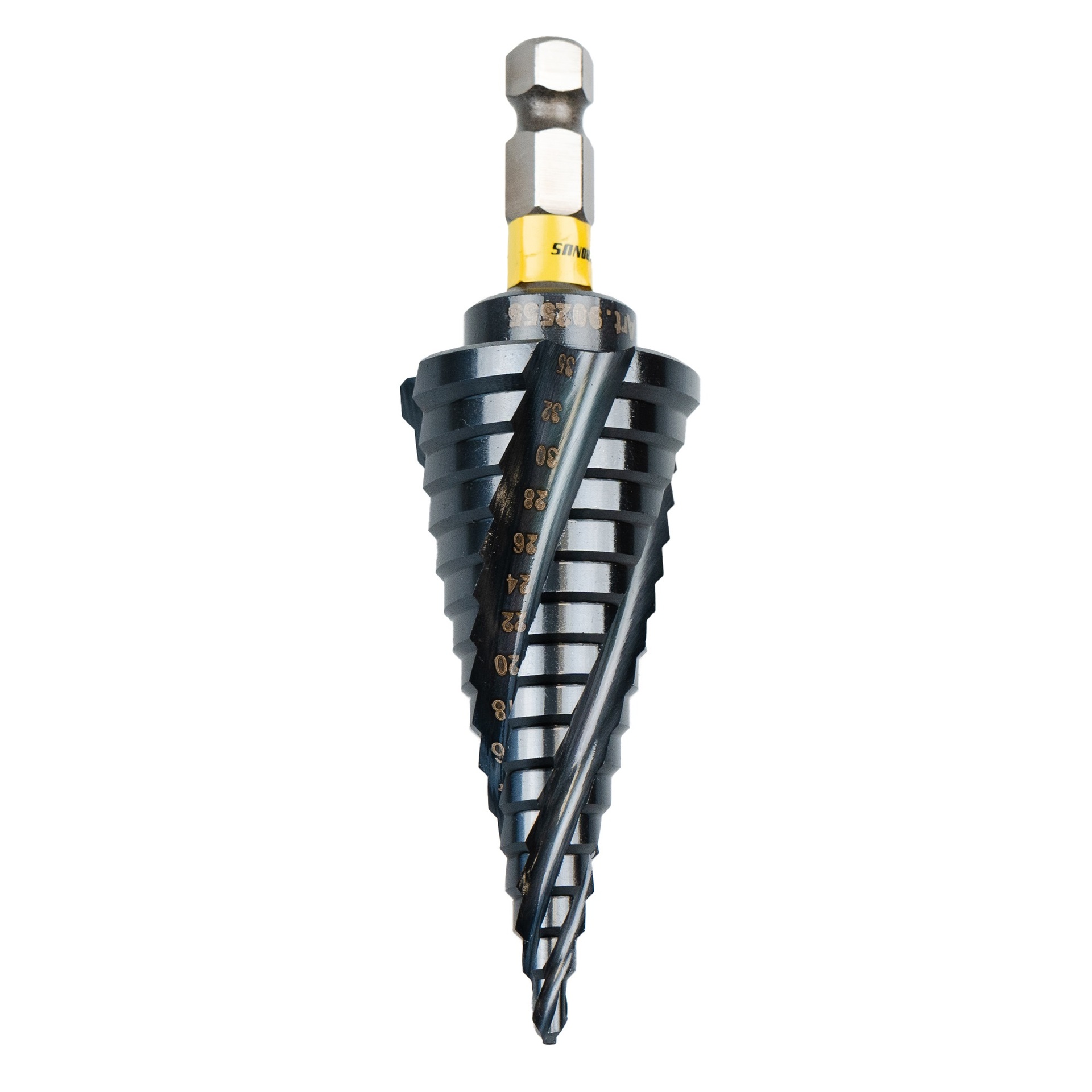 Burghiu in trepte Kronus HSS M35 Co 5% cu 4 canale elicoidale, coada hexagonala si acoperire TiAN